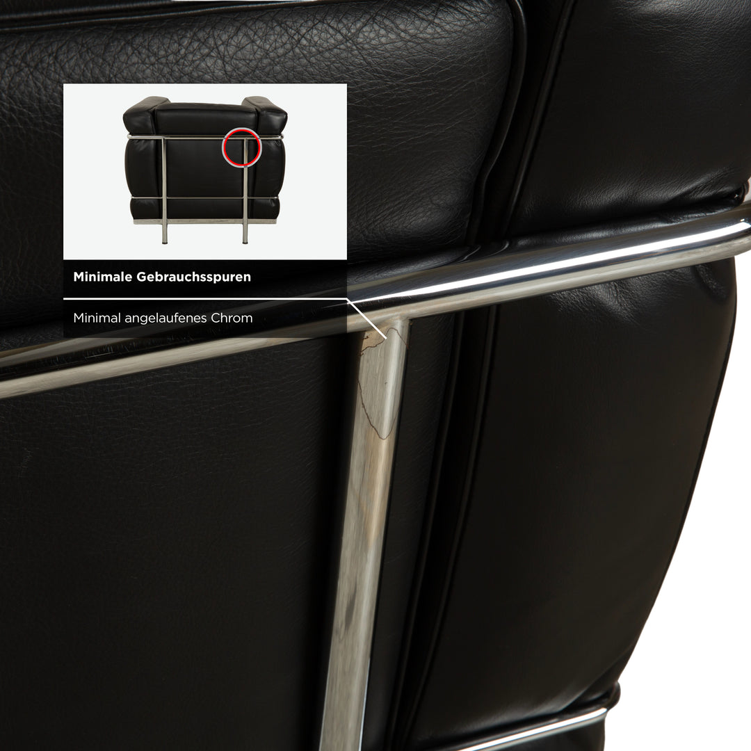 Canapé en cuir noir Cassina LC 2, fauteuil deux places Le Corbusier chromé