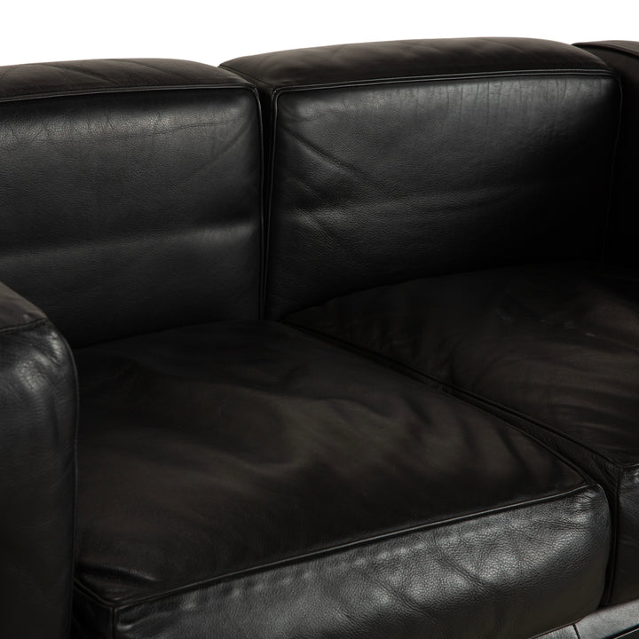 Canapé en cuir noir Cassina LC 2, fauteuil deux places Le Corbusier chromé