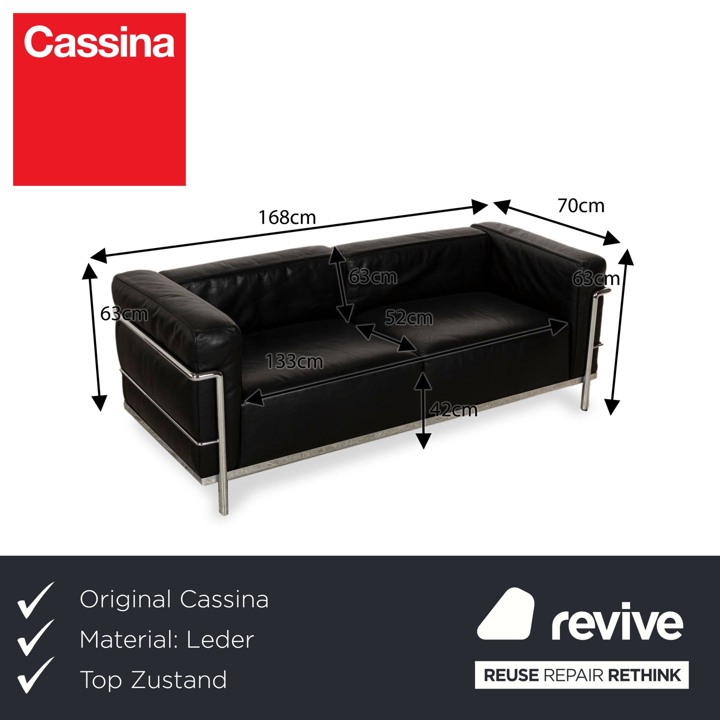 Cassina LC 3 Le Corbusier Leather Two-Seater Black Bauhaus