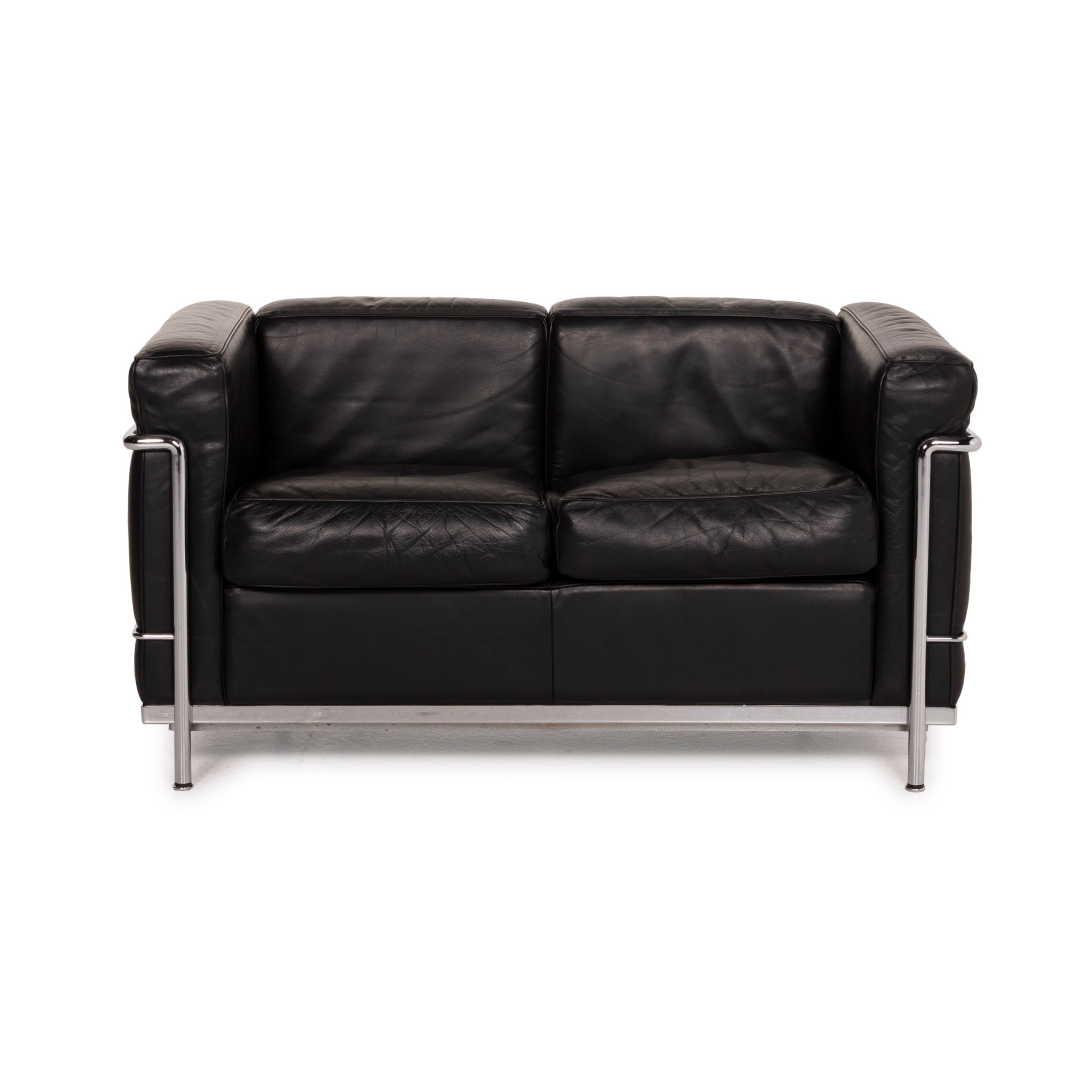 Canapé deux places en cuir noir Cassina LC 2, style Le Corbusier chromé