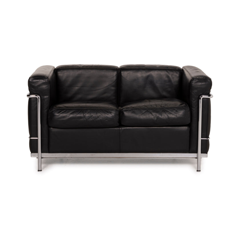 Canapé deux places en cuir noir Cassina LC 2, style Le Corbusier chromé