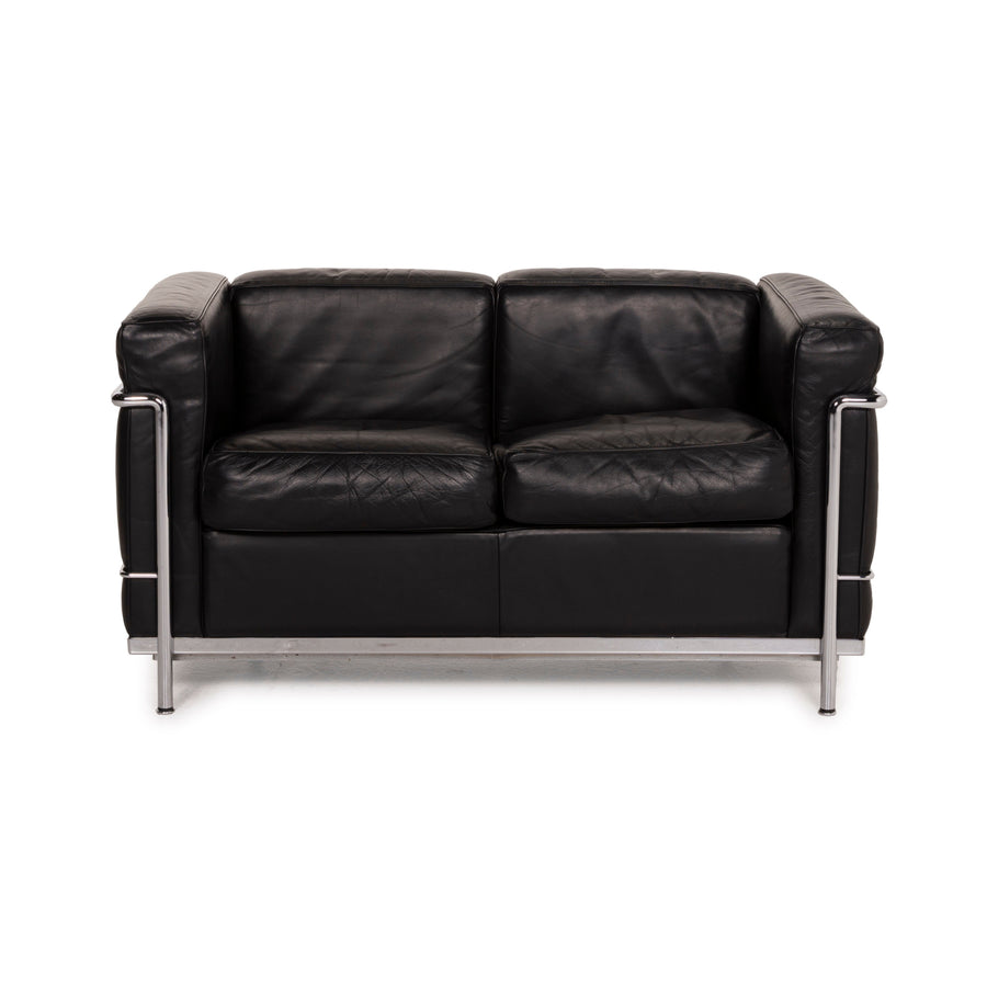 Cassina LC 2 Leather Sofa Black Two-Seater Le Corbusier Chrome