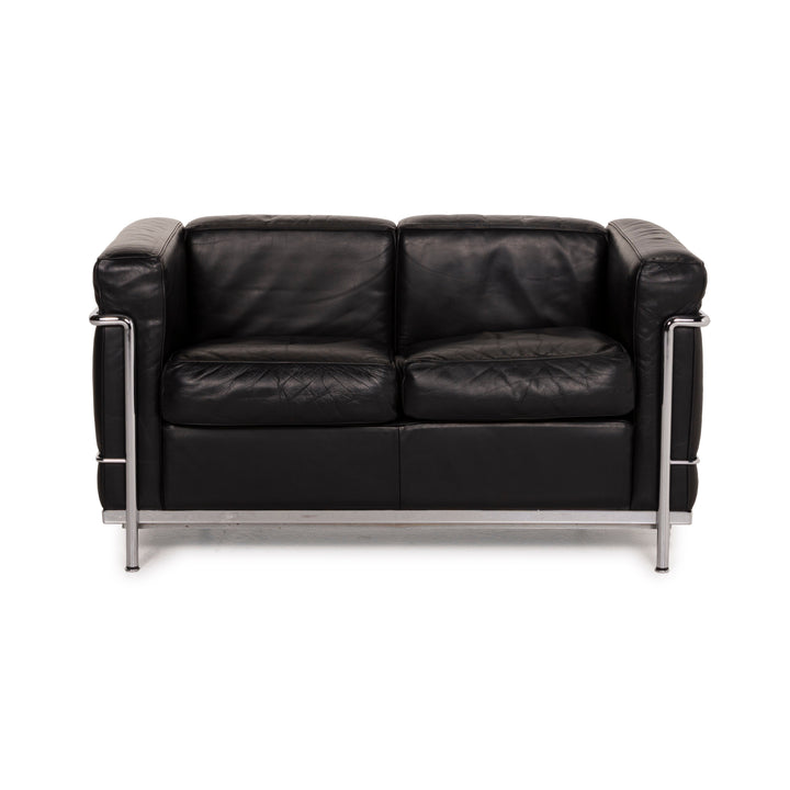 Cassina LC2 Leather Sofa Black Two Seater Le Corbusier Chrome