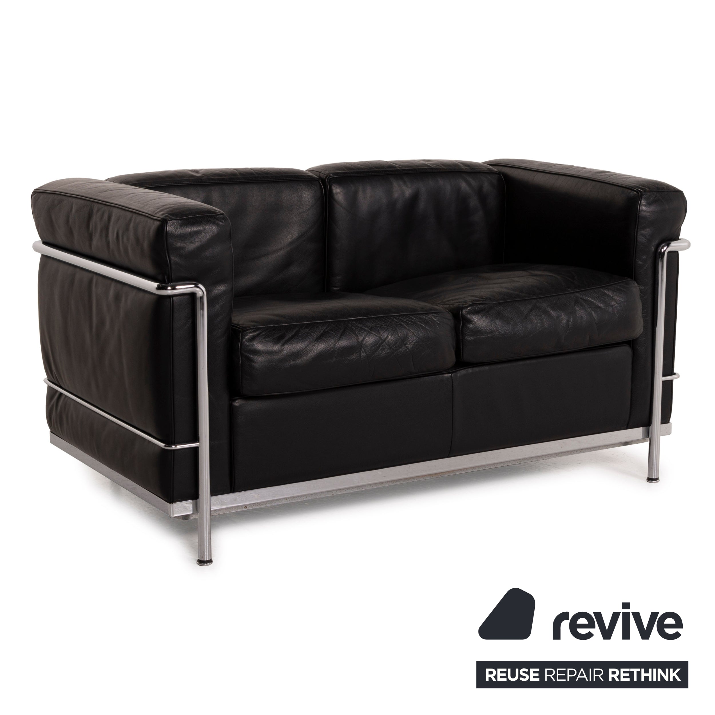Canapé deux places en cuir noir Cassina LC 2, style Le Corbusier chromé