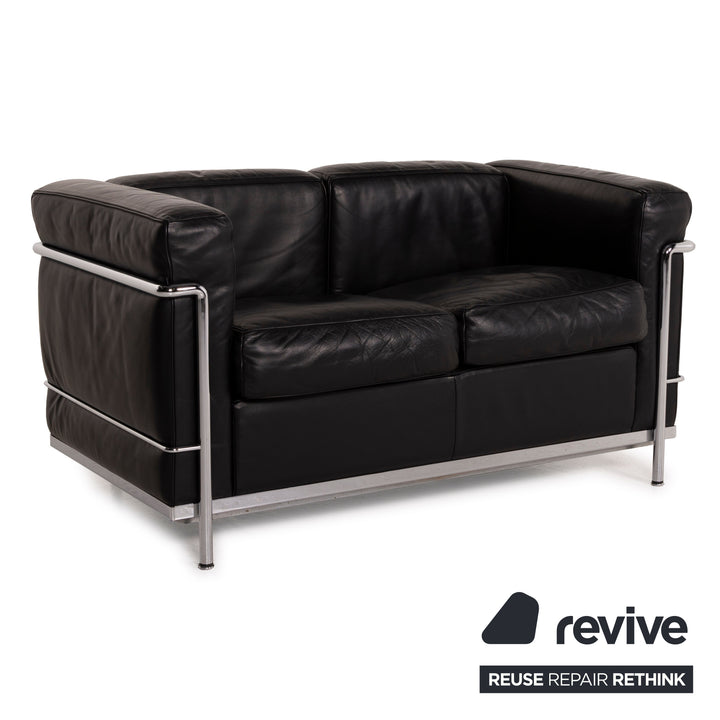Canapé deux places en cuir noir Cassina LC 2, style Le Corbusier chromé