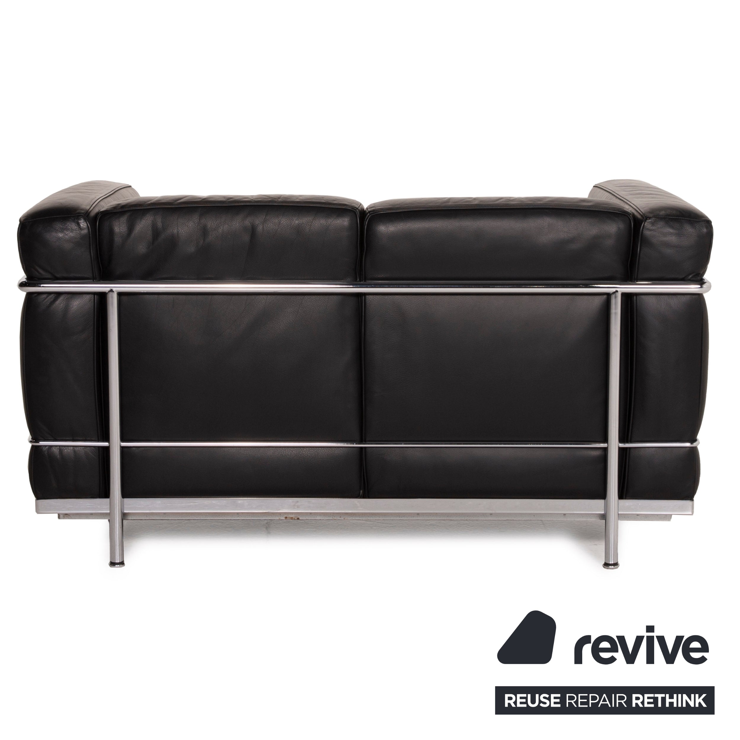 Canapé deux places en cuir noir Cassina LC 2, style Le Corbusier chromé