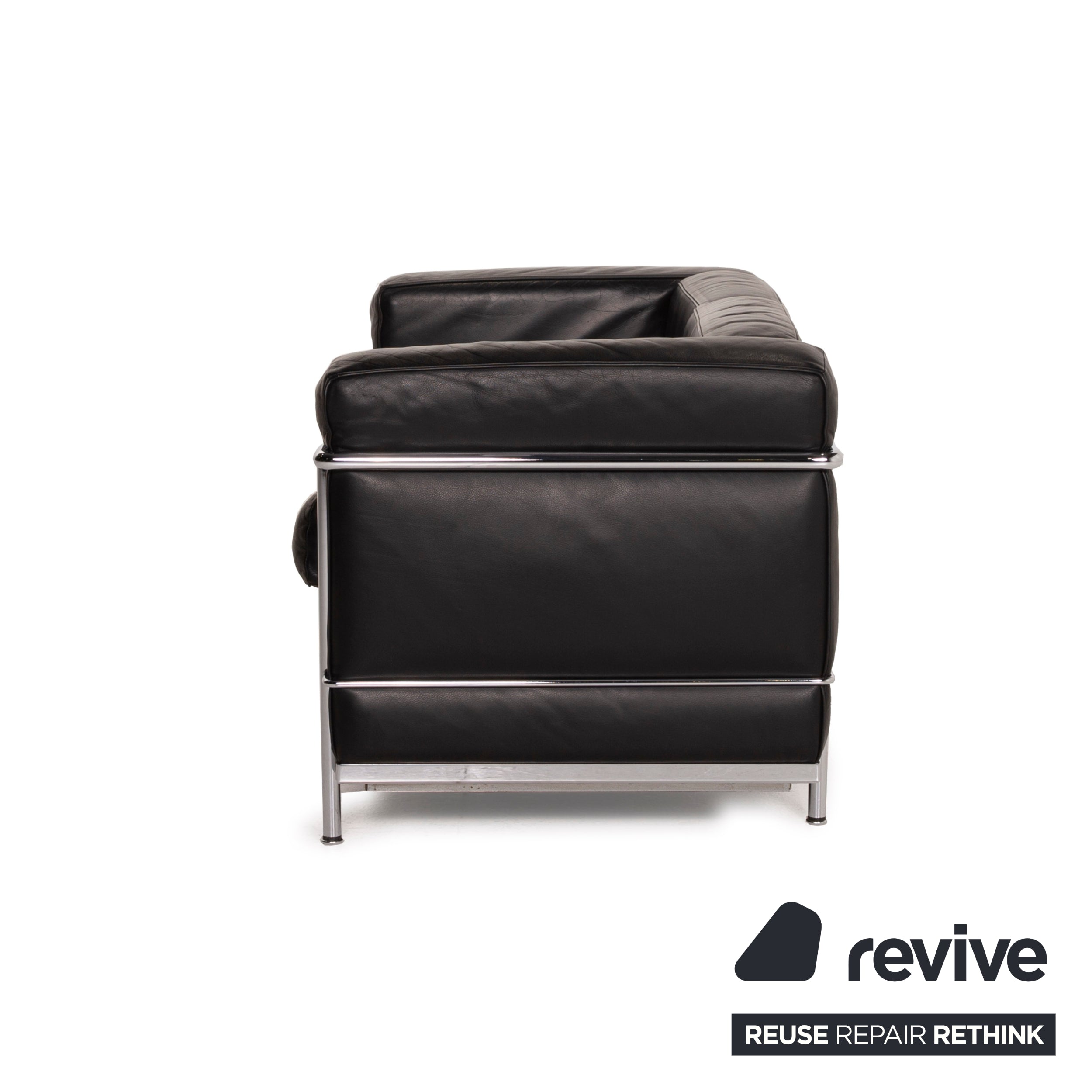 Canapé deux places en cuir noir Cassina LC 2, style Le Corbusier chromé