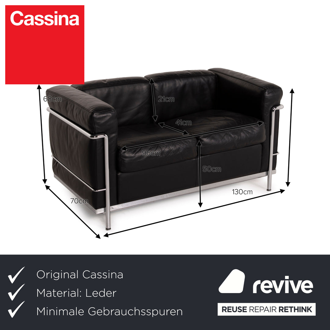 Cassina LC2 Leather Sofa Black Two Seater Le Corbusier Chrome