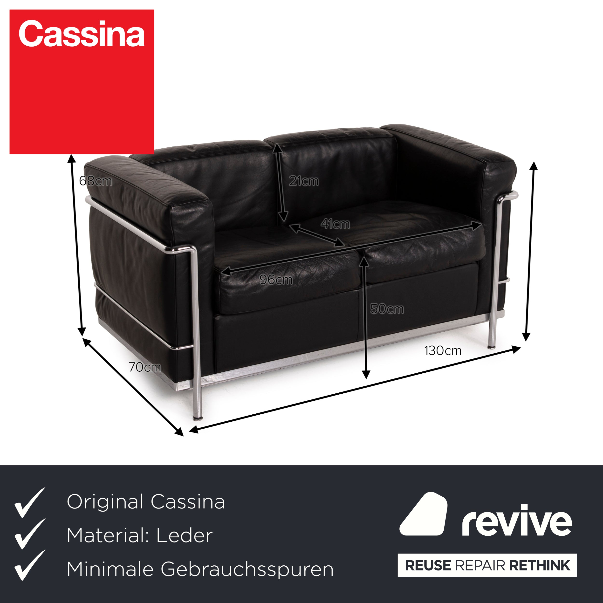 Canapé deux places en cuir noir Cassina LC 2, style Le Corbusier chromé