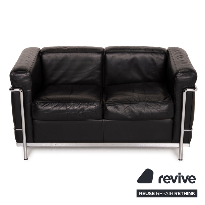 Canapé deux places en cuir noir Cassina LC 2, style Le Corbusier chromé