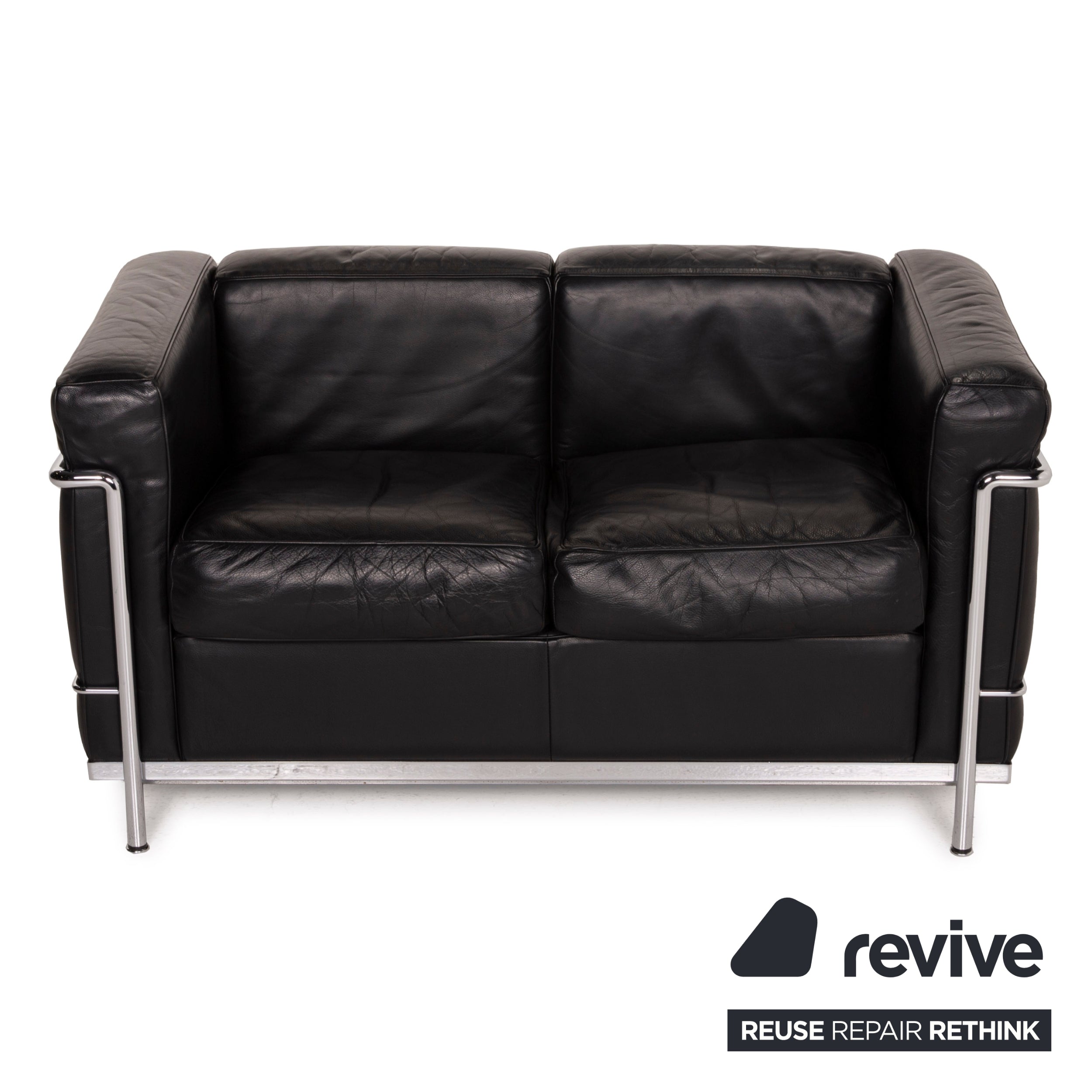 Canapé deux places en cuir noir Cassina LC 2, style Le Corbusier chromé