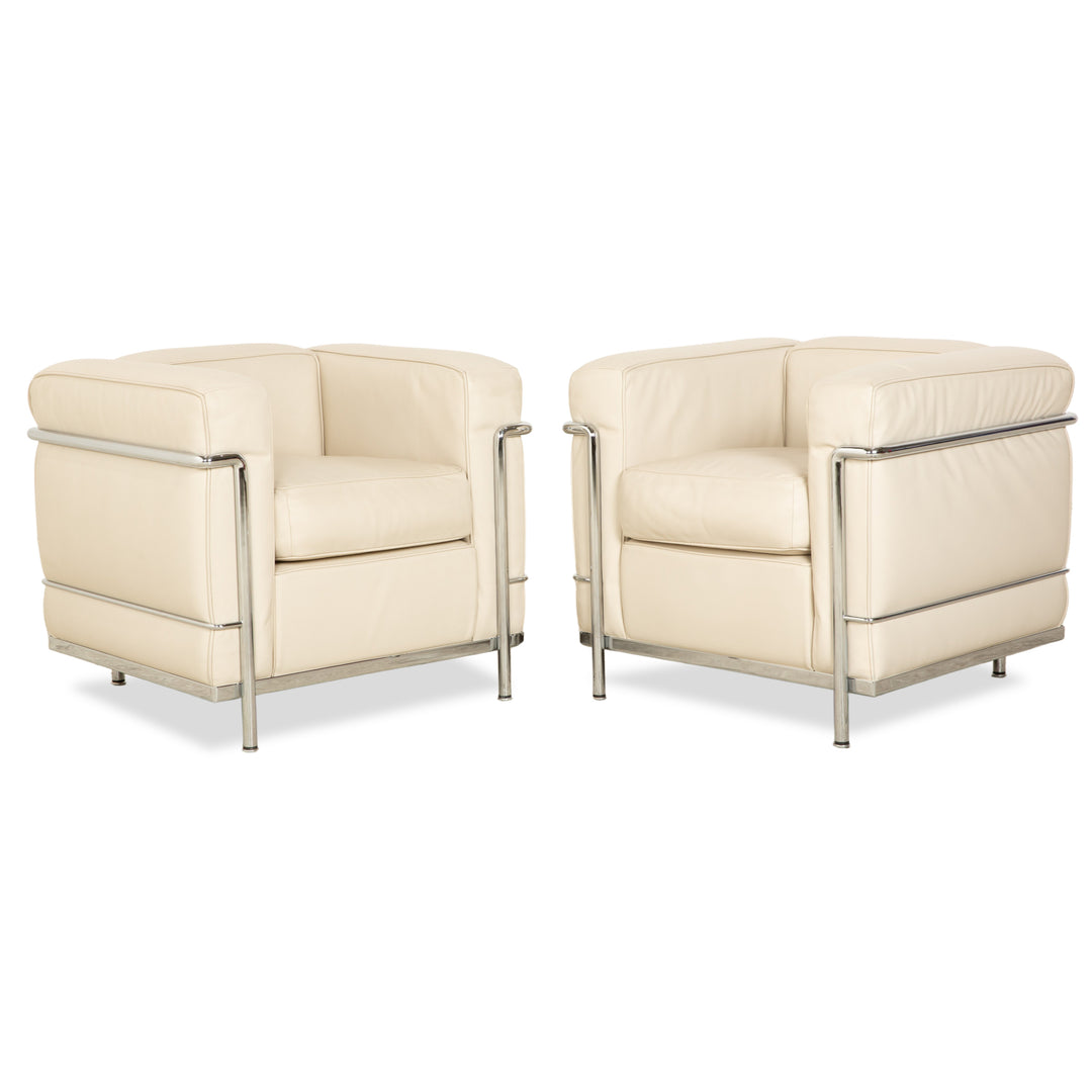Cassina Le Corbusier LC 2 2x Leather Armchair Cream Eggshell White