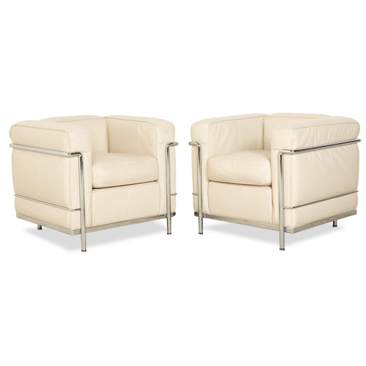Cassina Le Corbusier LC 2 2x Leather Armchair Cream Eggshell White