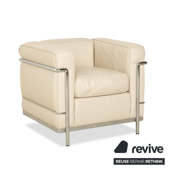 Cassina Le Corbusier LC 2 2x Leather Armchair Cream Eggshell White