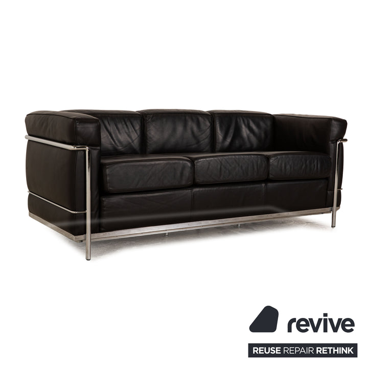 Cassina Le Corbusier LC 2 Leather Three Seater Black Sofa Couch