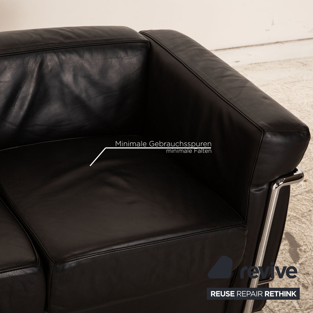Cassina Le Corbusier LC 2 Leather Three Seater Black Sofa Couch