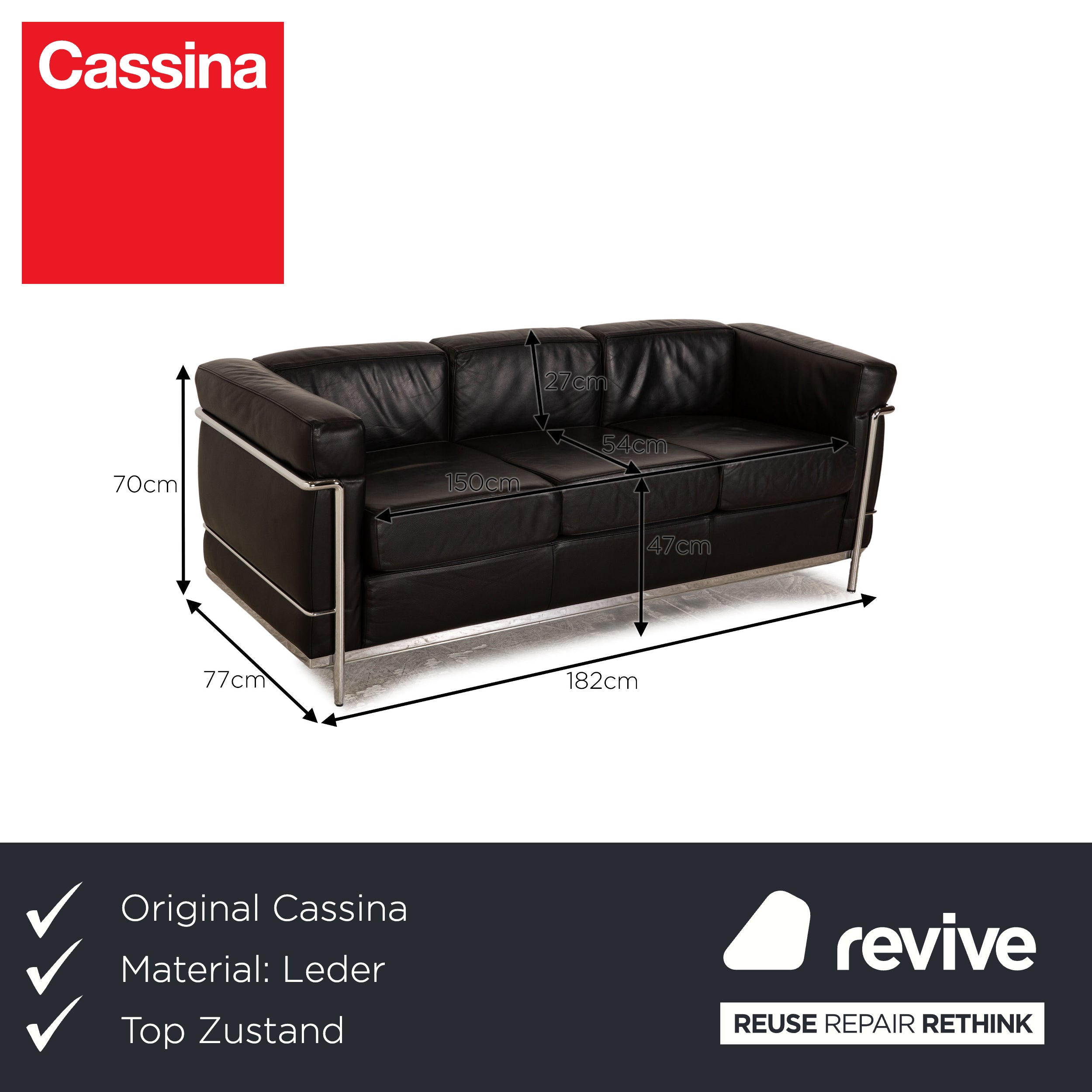 Cassina Le Corbusier LC 2 Leather Three Seater Black Sofa Couch