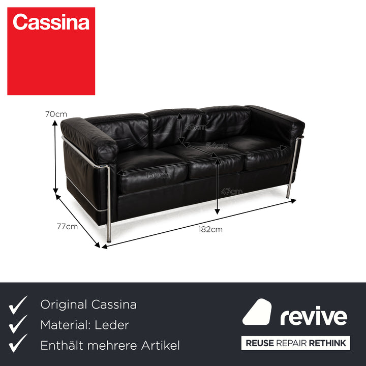 Cassina Le Corbusier LC 2 Leder Dreisitzer Schwarz Sofa Couch