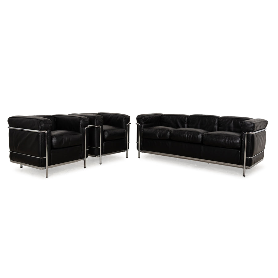 Cassina Le Corbusier LC 2 Leather Three Seater Black Sofa Couch