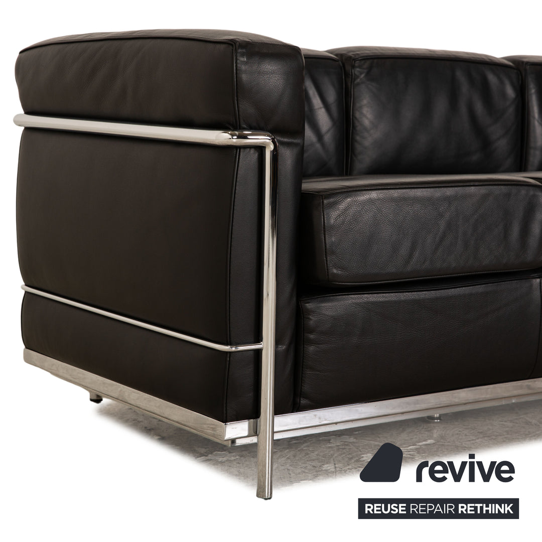Cassina Le Corbusier LC 2 Leather Three Seater Black Sofa Couch