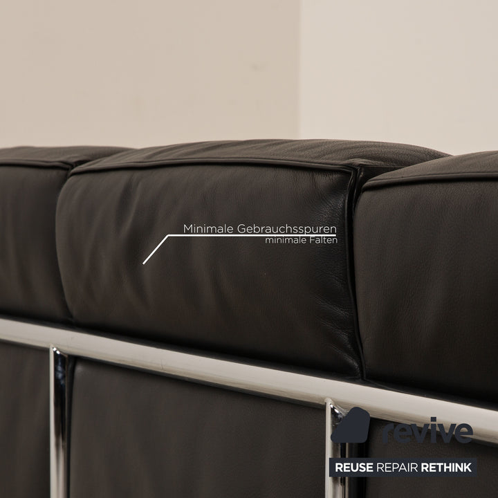 Cassina Le Corbusier LC 2 Leather Three Seater Black Sofa Couch