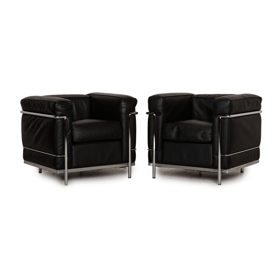 Cassina Le Corbusier LC 2 Leather Armchair Set Black Vintage