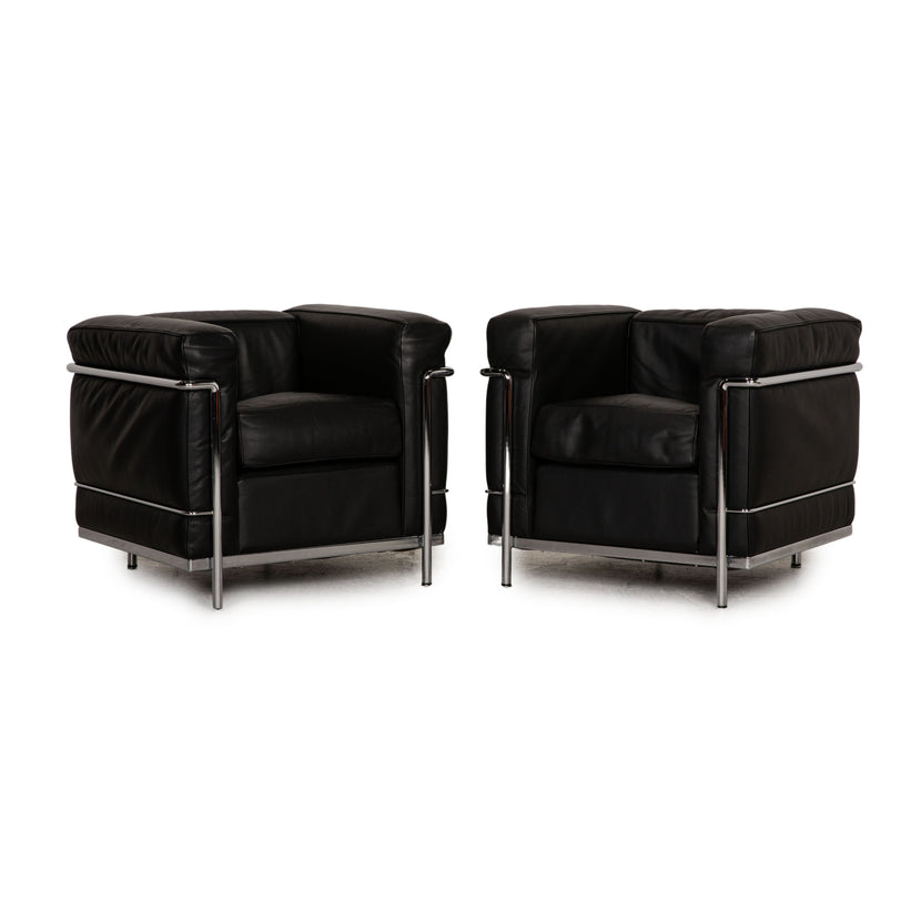 Cassina Le Corbusier LC 2 Leder Sessel Garnitur Schwarz Vintage