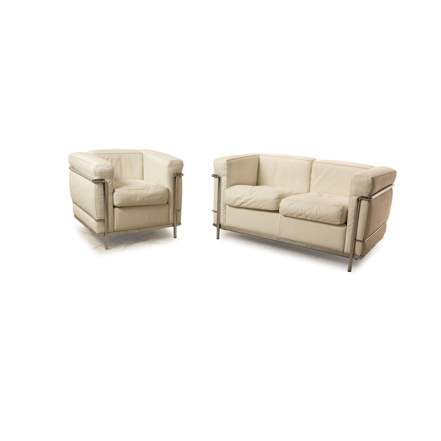Cassina Le Corbusier LC 2 Leather Sofa Set White Off-White Vintage Bauhaus Two-Seater Armchair Sofa Couch