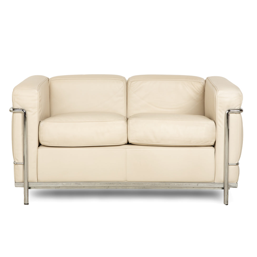 Cassina Le Corbusier LC 2 Leather Two-Seater Cream Eggshell White Sofa Couch