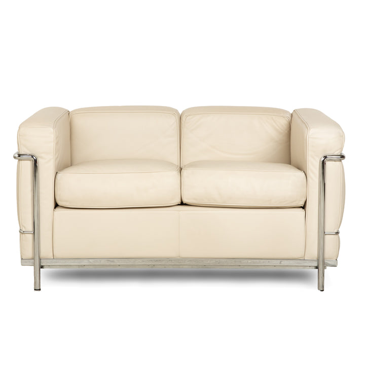 Cassina Le Corbusier LC 2 Leather Two-Seater Cream Eggshell White Sofa Couch