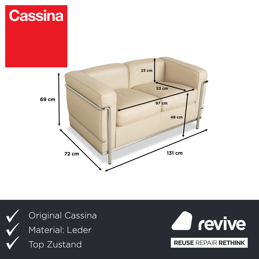 Cassina Le Corbusier LC 2 Leather Two-Seater Cream Eggshell White Sofa Couch