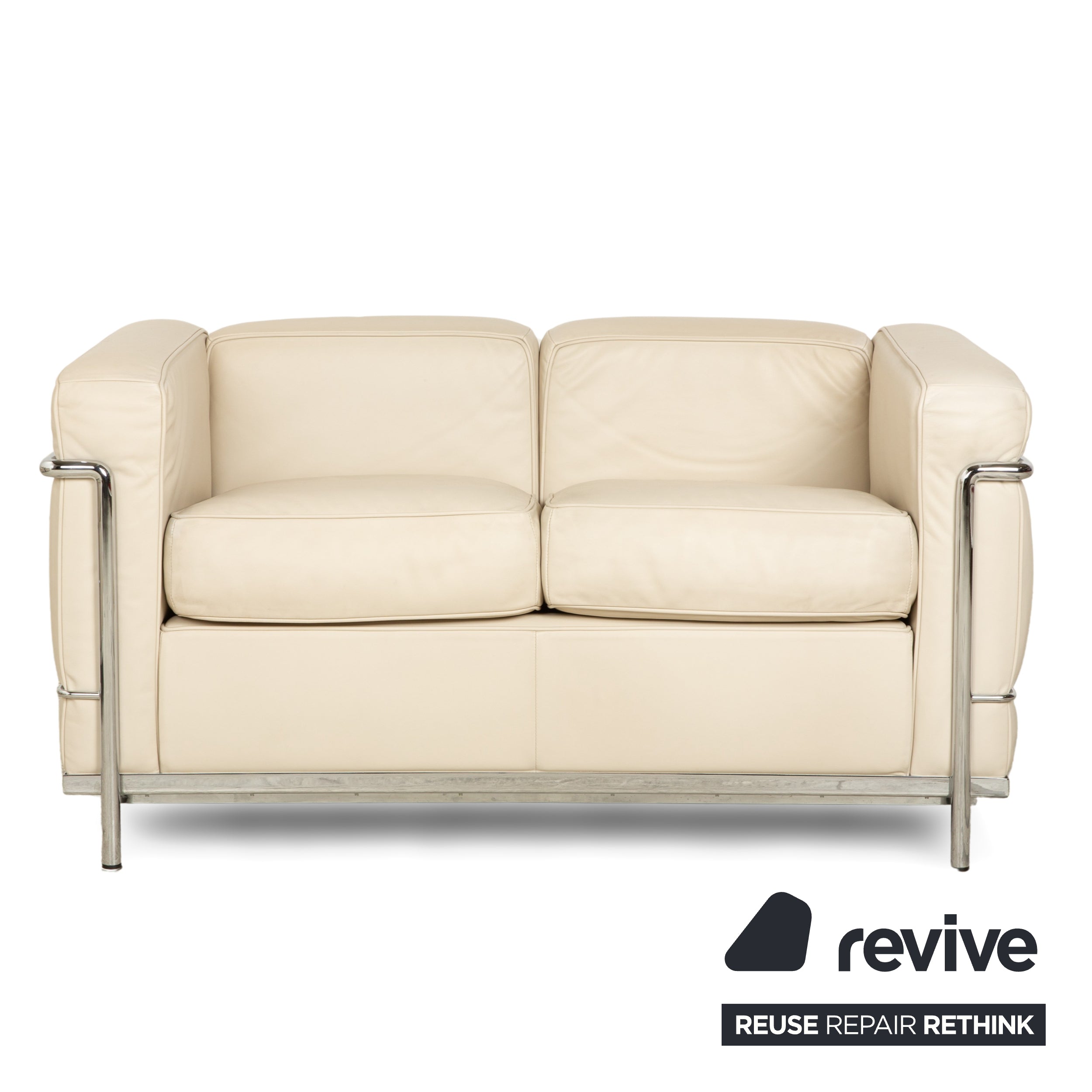 Canapé deux places et deux fauteuils en cuir Cassina Le Corbusier LC 2 Crème Blanc coquille d'œuf