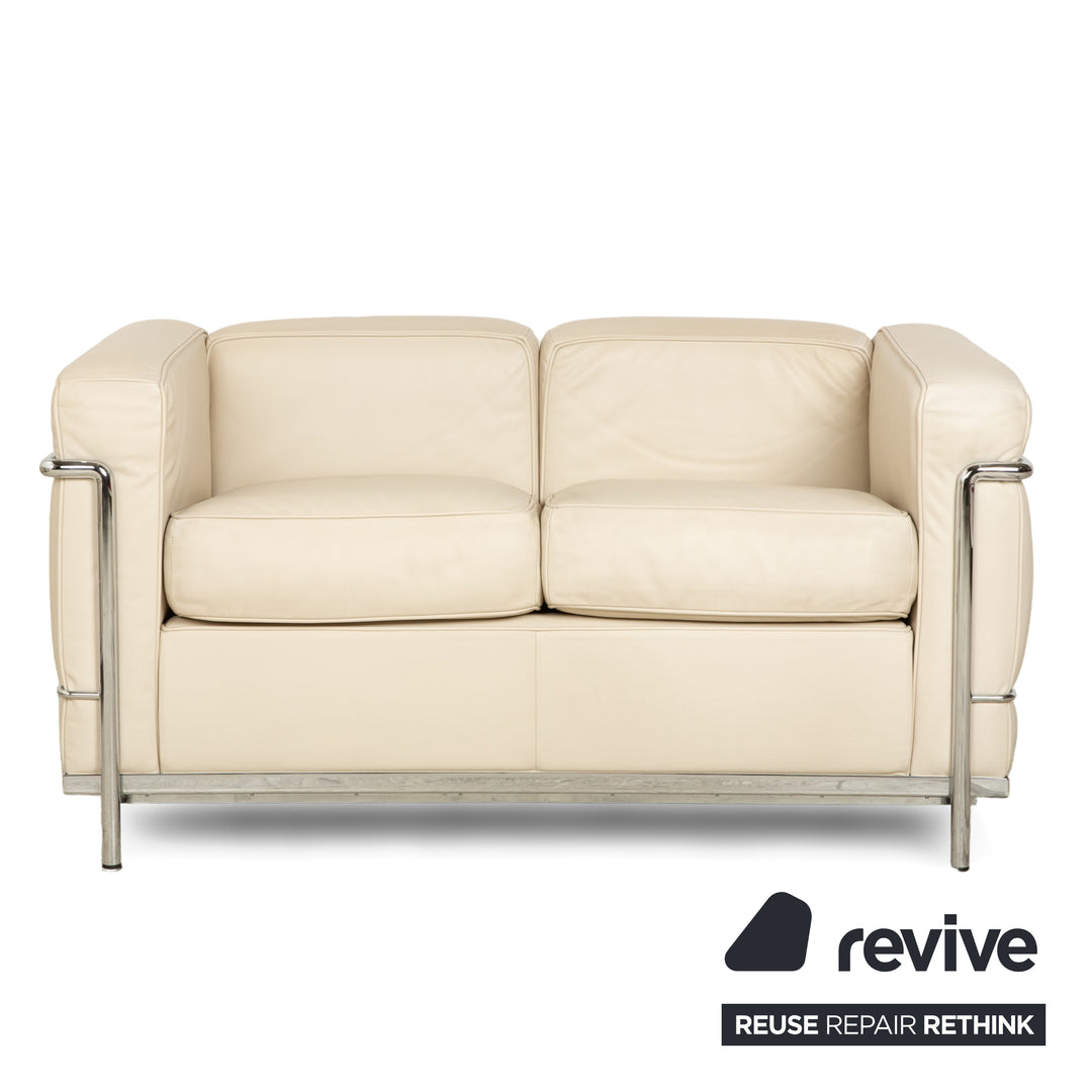 Cassina Le Corbusier LC 2 Leder Zweisitzer und 2x Sessel Creme Eierschale Weiß Sofa Couch