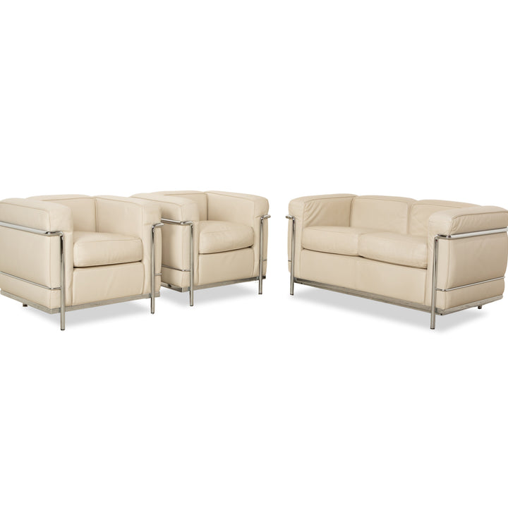 Cassina Le Corbusier LC 2 Leder Zweisitzer und 2x Sessel Creme Eierschale Weiß Sofa Couch