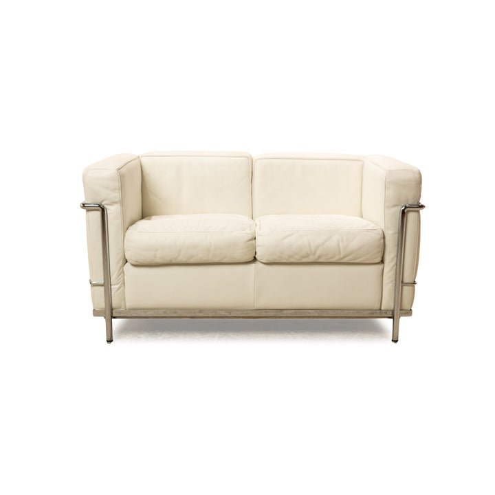 Cassina Le Corbusier LC 2 Leder Zweisitzer Weiß Off-White Vintage Bauhaus Sofa Couch