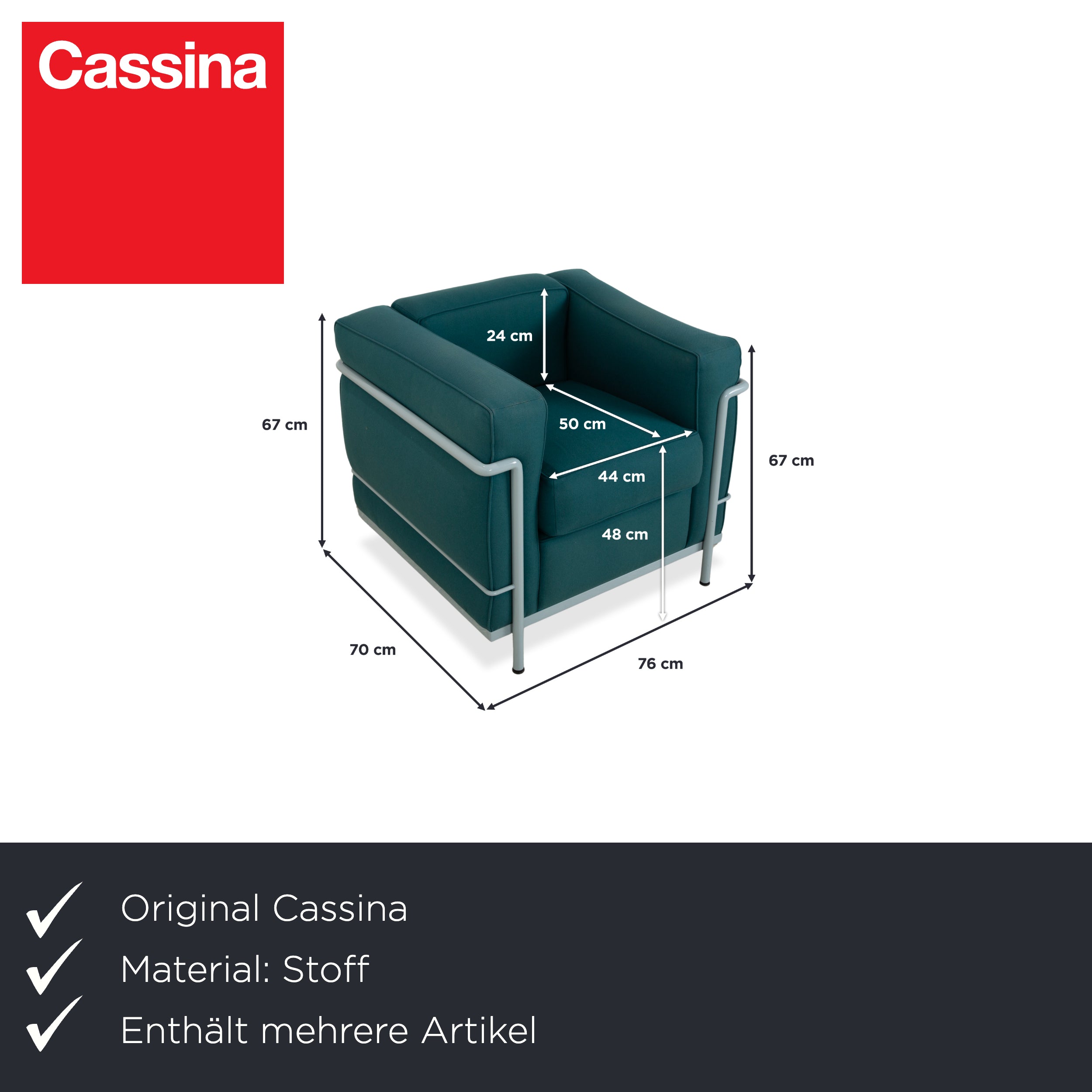 Fauteuil Cassina Le Corbusier LC 2 en tissu bleu pétrole Bauhaus