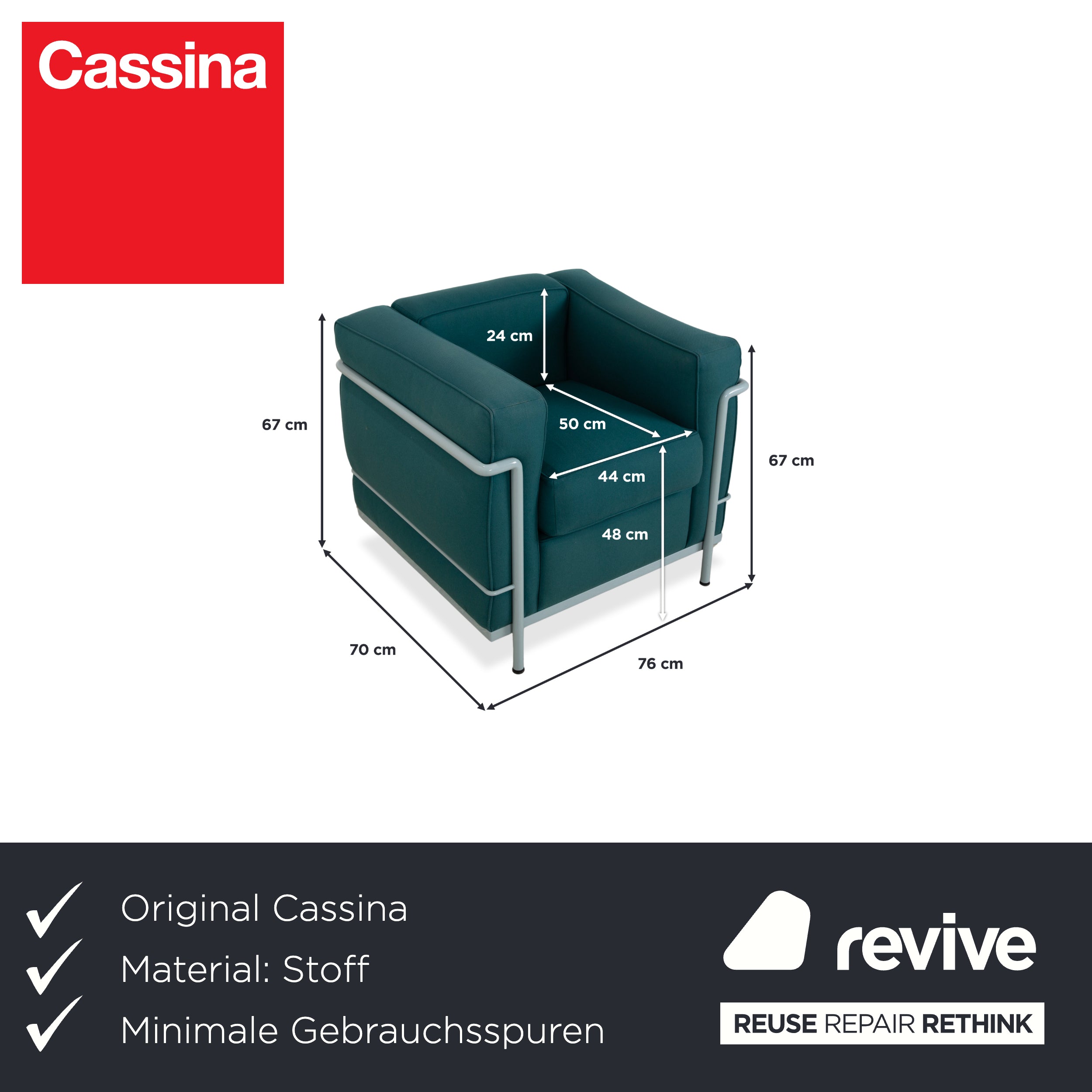 Cassina Le Corbusier LC 2 Fabric Armchair Blue Petrol Bauhaus