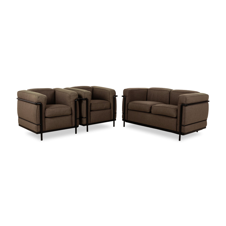 Cassina Le Corbusier LC 2 Fabric Sofa Set Brown Two-Seater 2x Armchair Couch