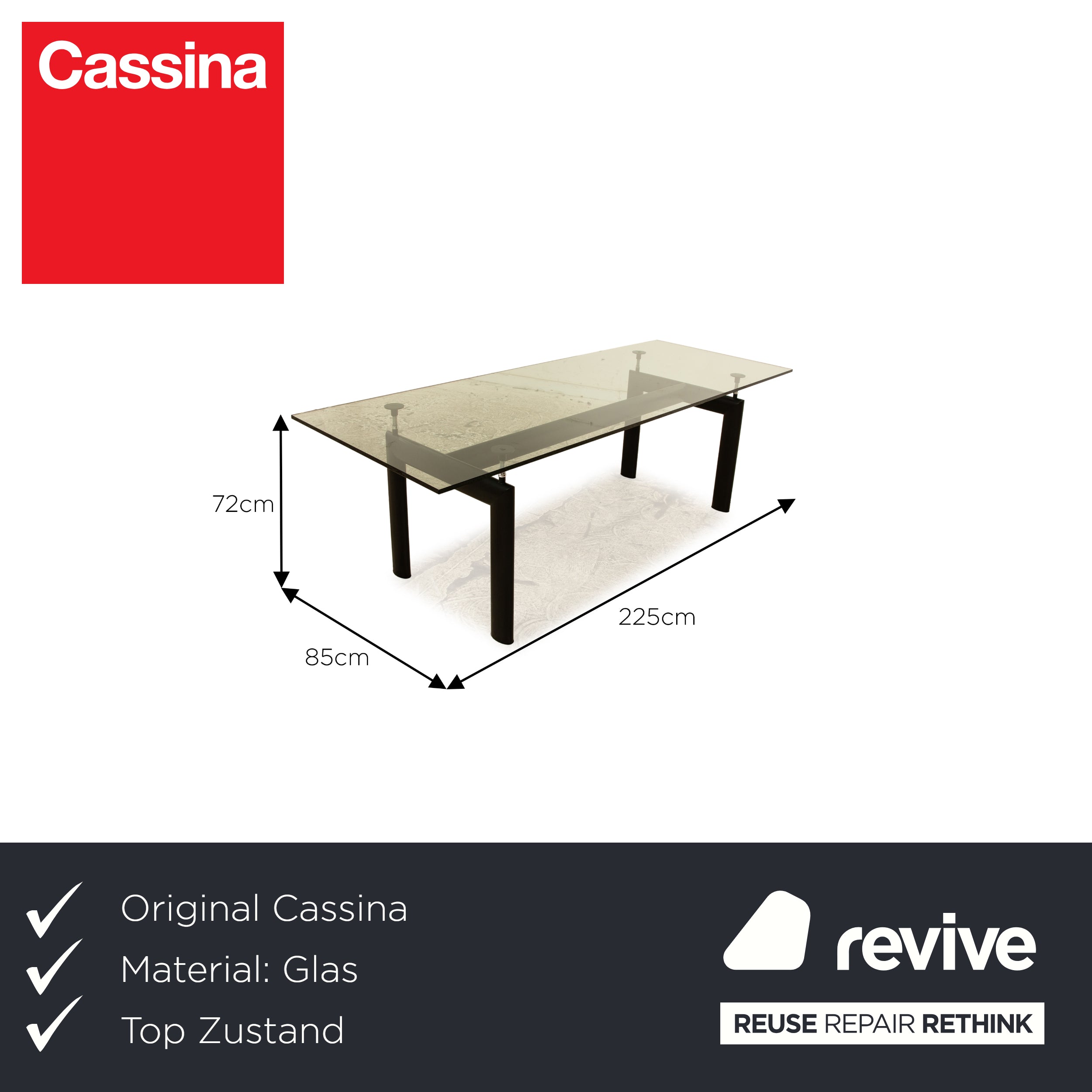 Cassina Le Corbusier LC 6 table à manger en verre noir 225 x 85 x 72 cm