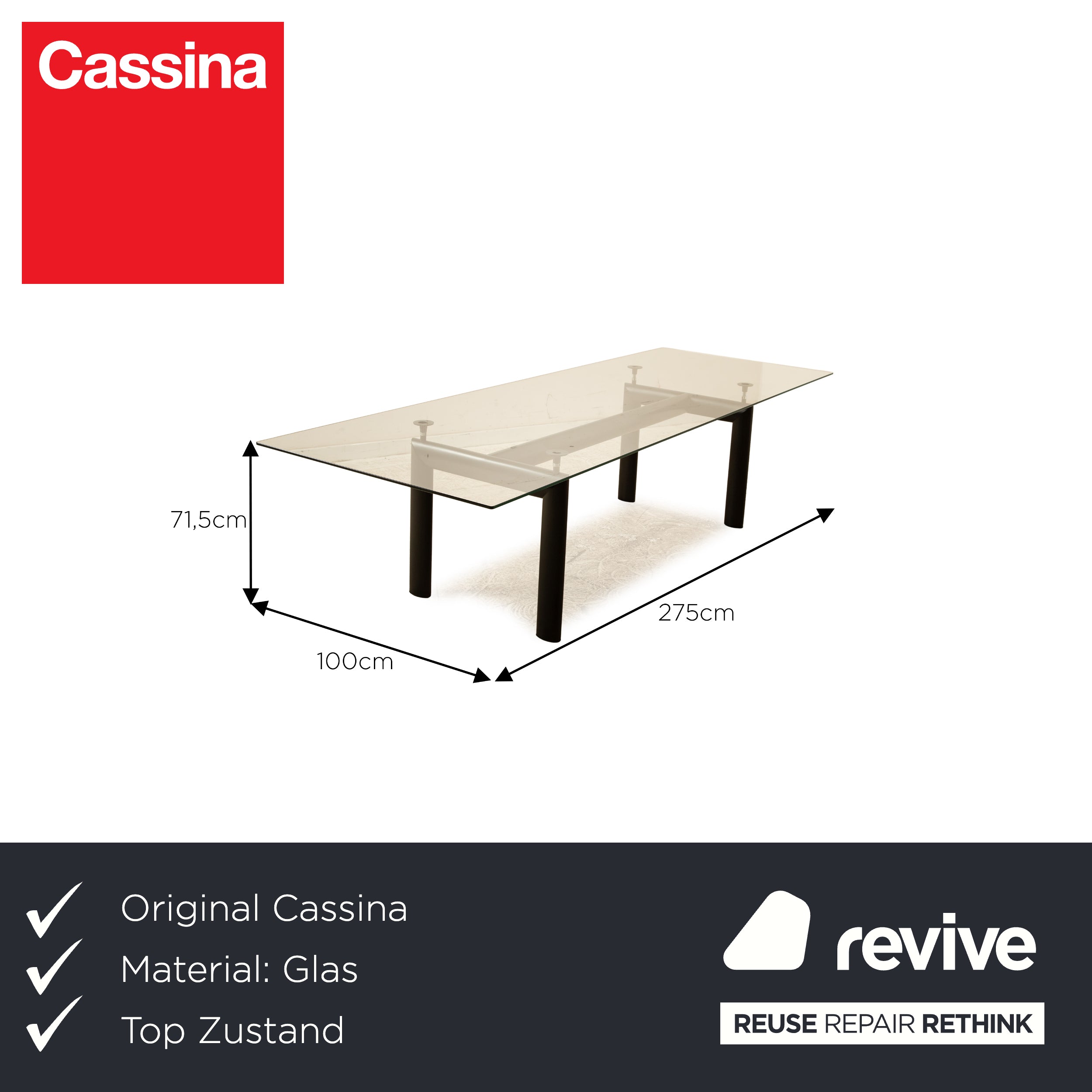 Cassina Le Corbusier LC 6 glass dining table black 275 x 100 x 71.5 cm