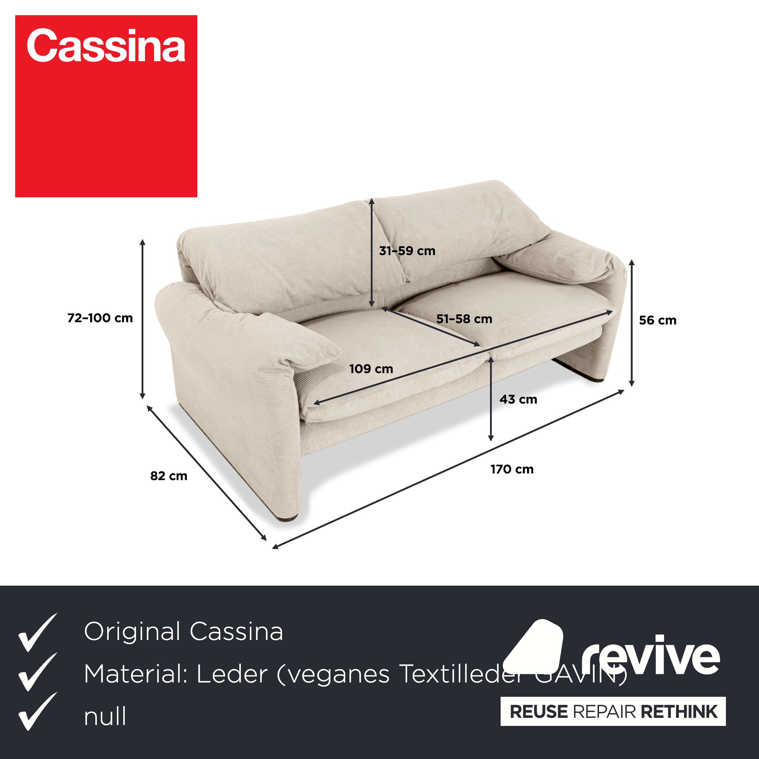 Cassina Maralunga Feincord Cord Zweisitzer Beige Creme Sofa Couch Neubezug manuelle Funktion