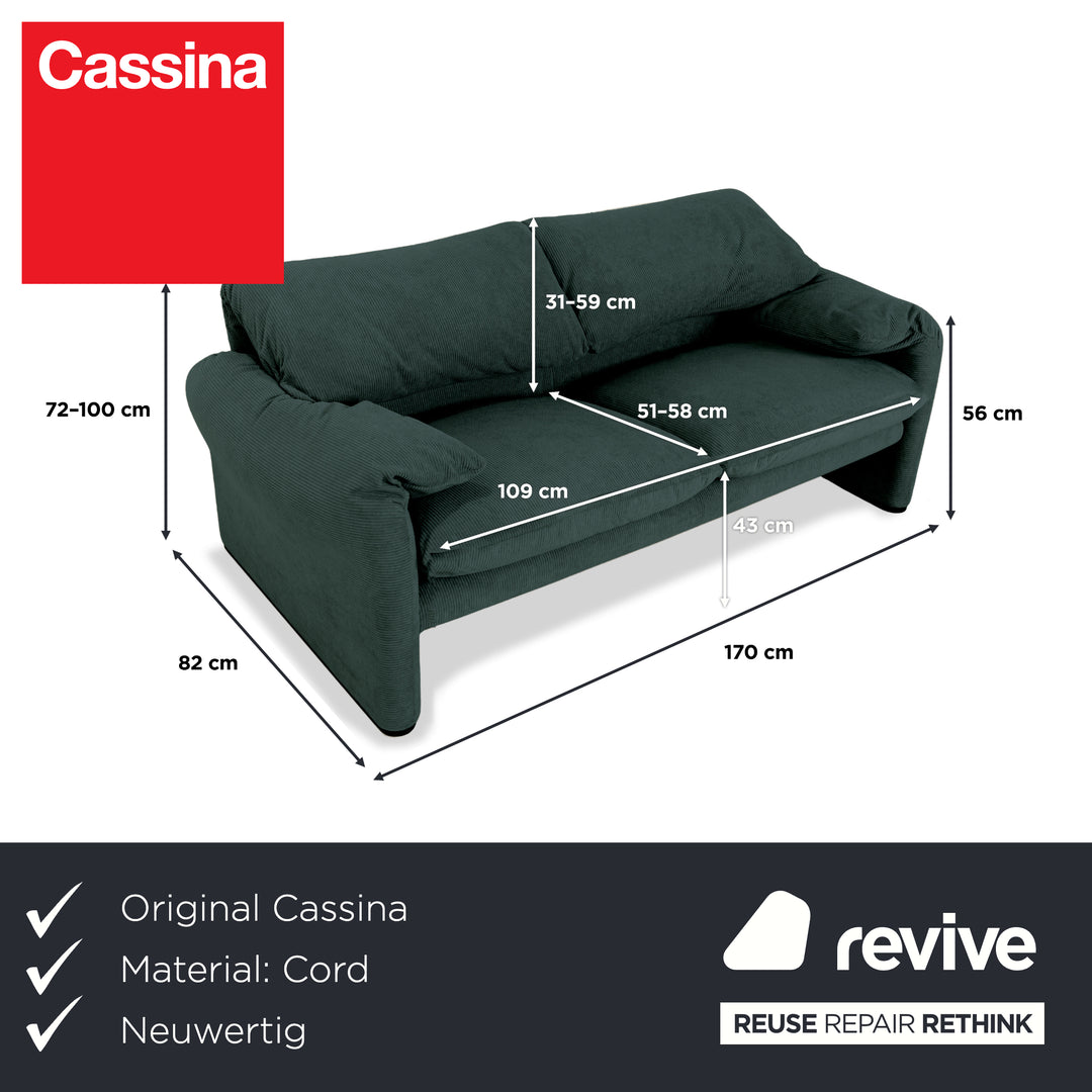 Cassina Maralunga Fine Cord Two-Seater Dark Green Sofa Couch New Upholstery Manual Function