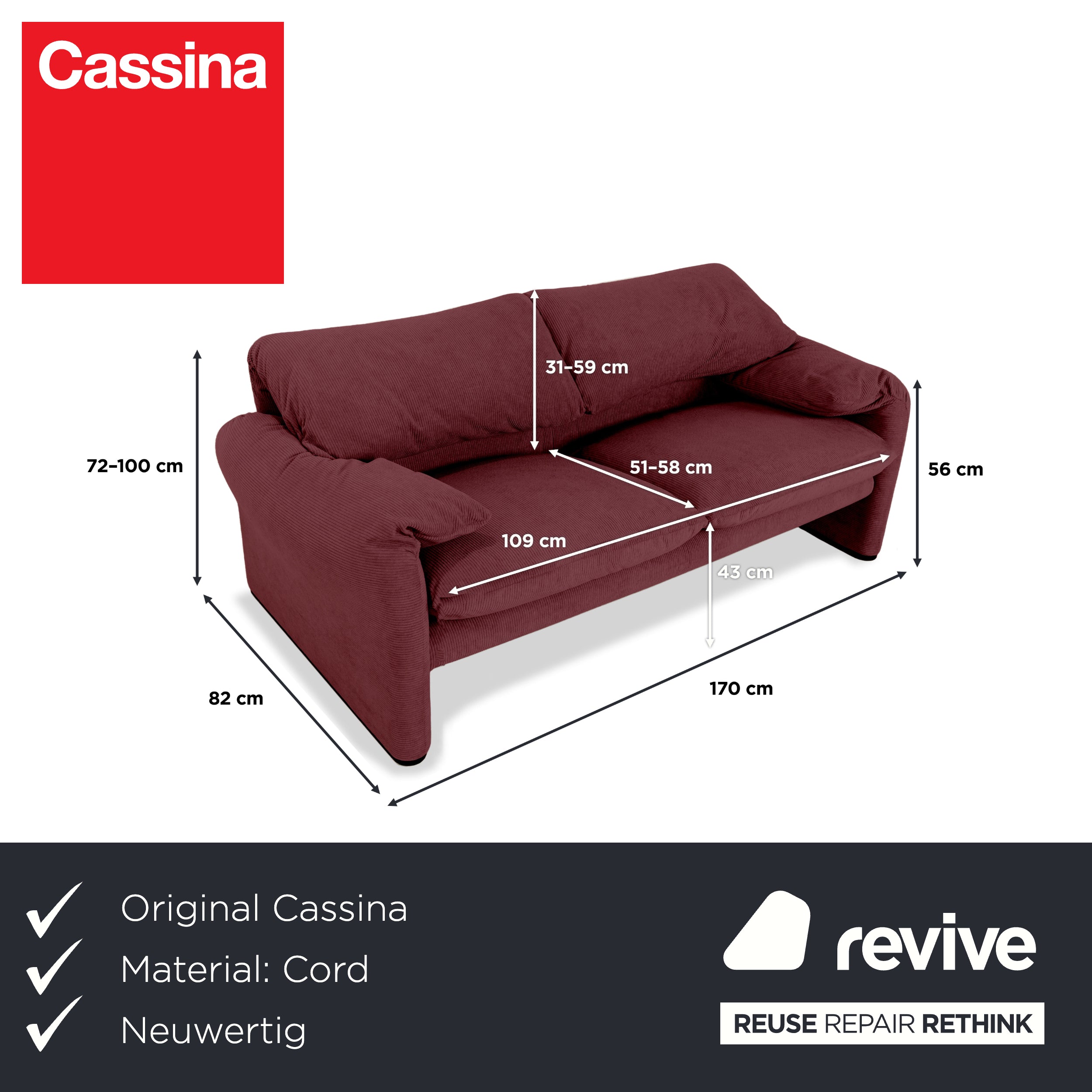 Cassina Maralunga Fine Corduroy Two-Seater Dark Red Burgundy Sofa Couch Newly Upholstered Manual Function