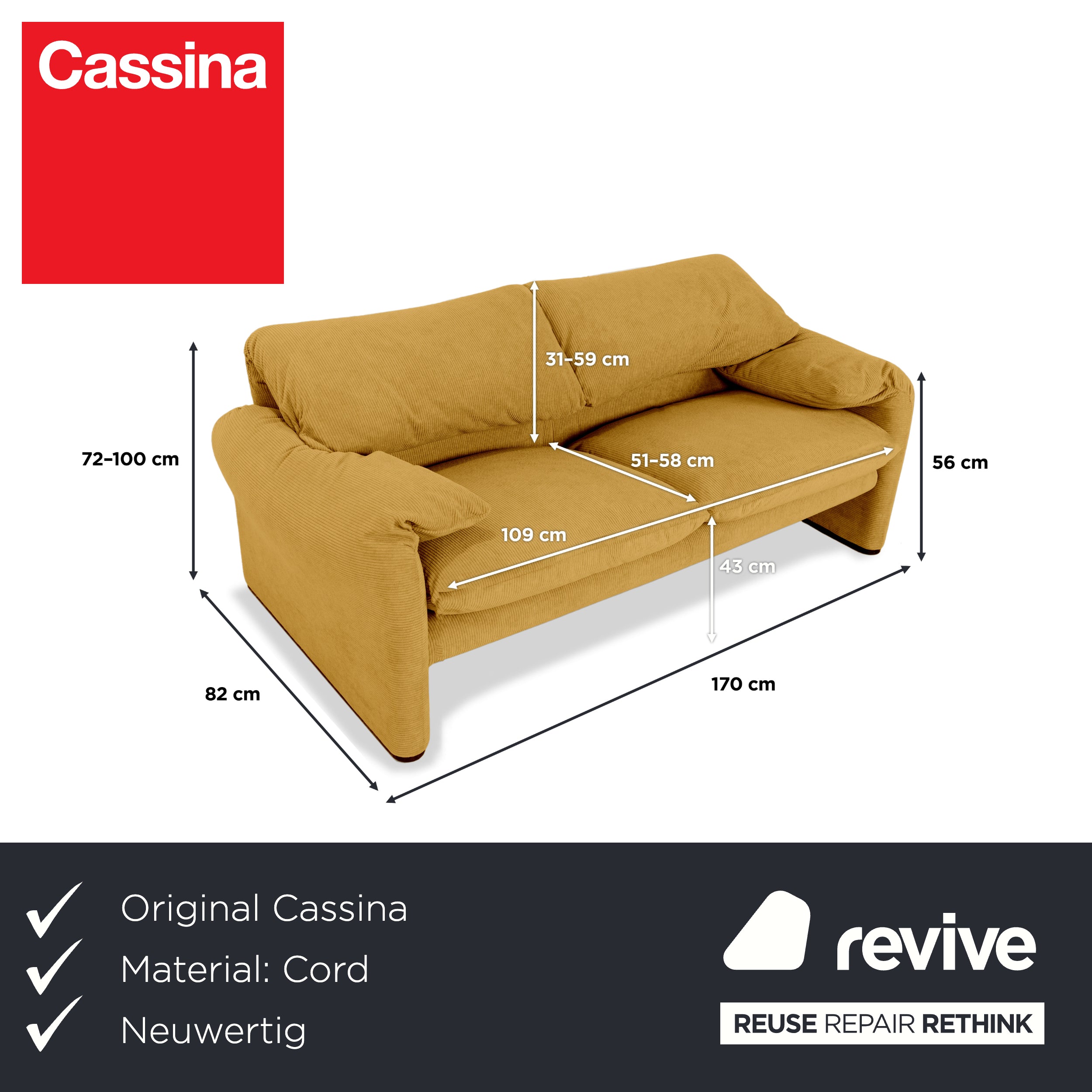 Cassina Maralunga Fine Corduroy Two-Seater Yellow Mustard Espresso Sofa Couch New Upholstery Manual Function