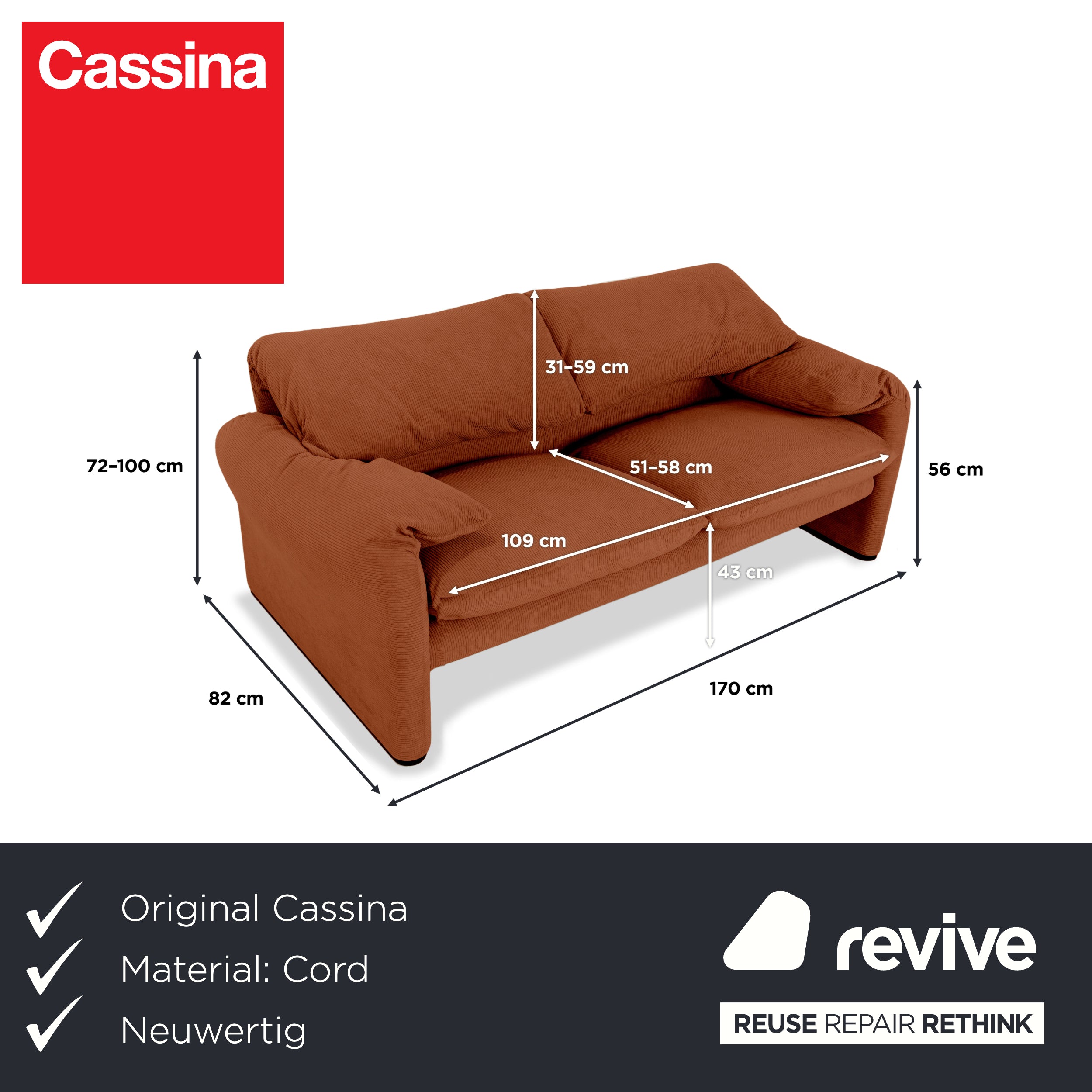 Cassina Maralunga Fine Corduroy Two-Seater Orange Brown Rust Sofa Couch Reupholstered Manual Function