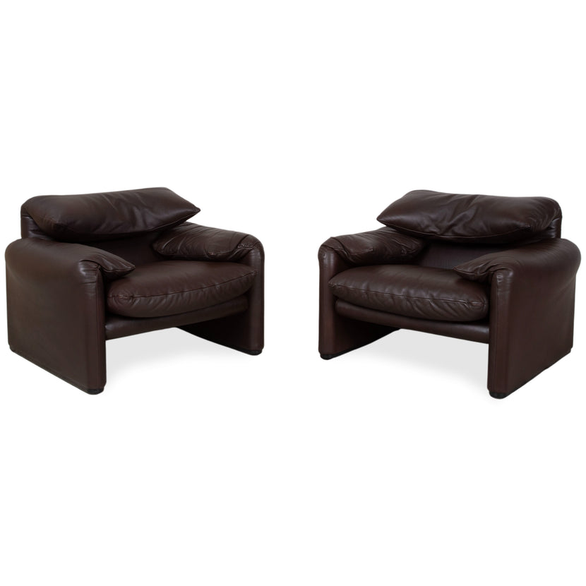 Cassina Maralunga Garnitur Leder 2x Sessel Braun Espresso manuelle Funktion