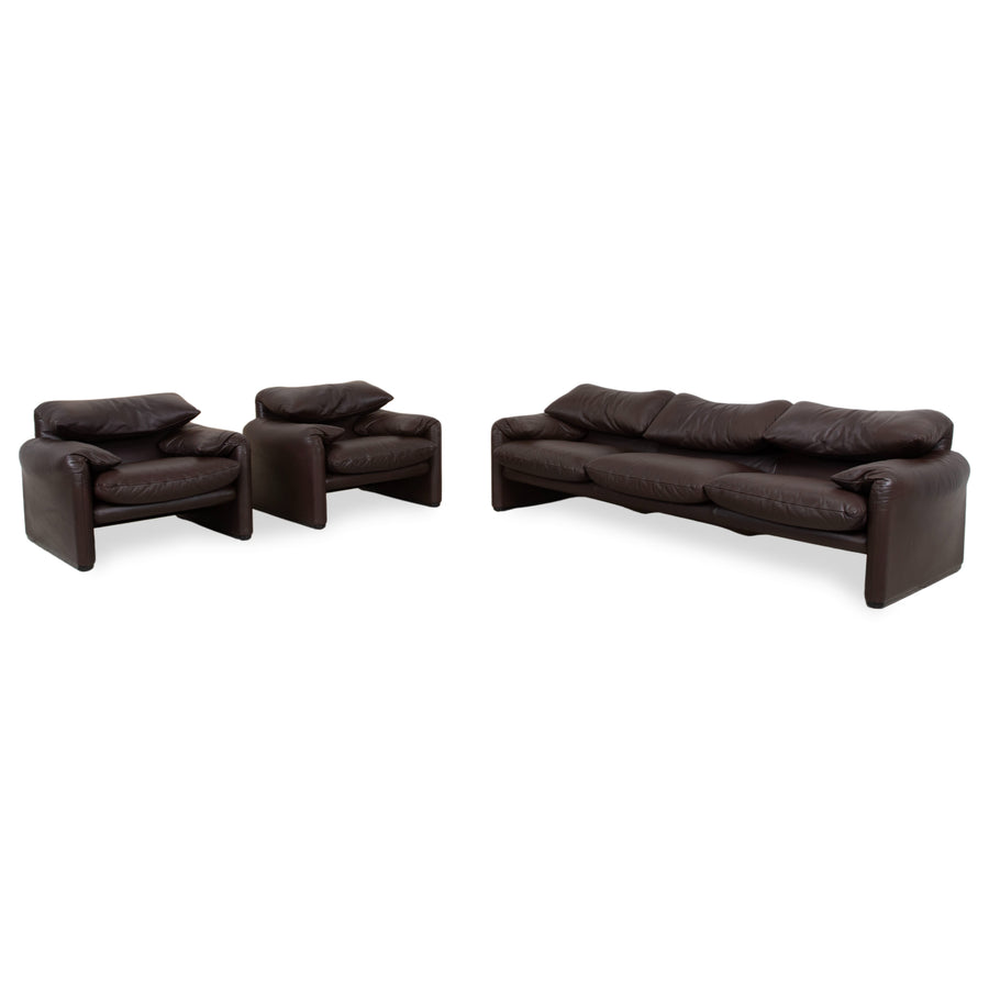 Cassina Maralunga Garnitur Leder Dreisitzer 2x Sessel Braun Espresso Sofa Couch manuelle Funktion