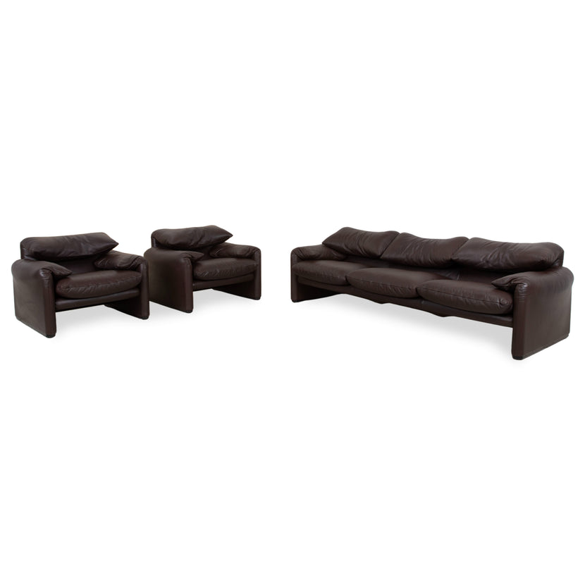 Cassina Maralunga Garnitur Leder Dreisitzer 2x Sessel Braun Espresso Sofa Couch manuelle Funktion
