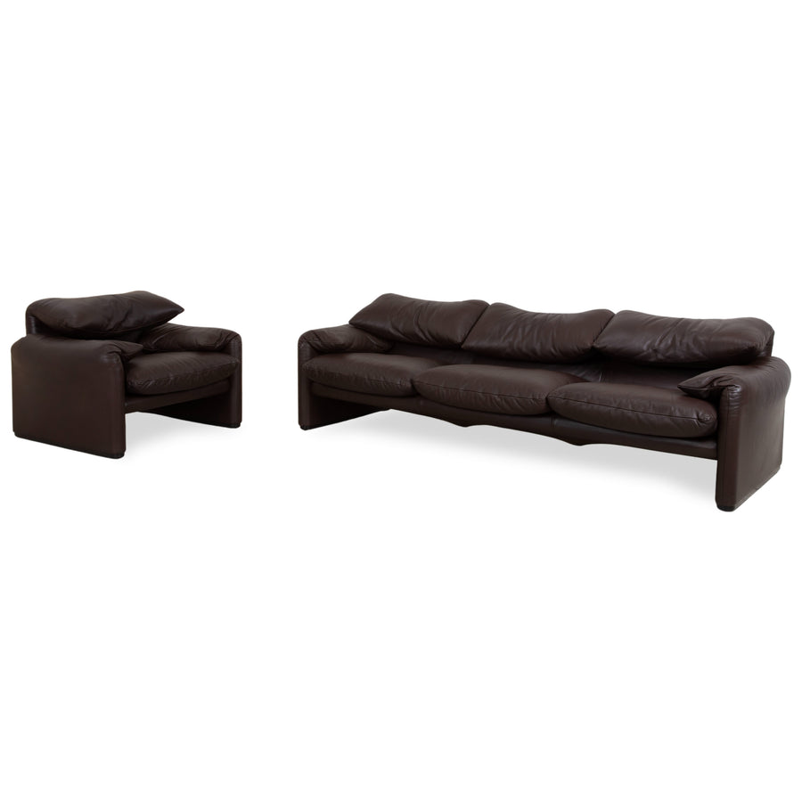 Cassina Maralunga Garnitur Leder Dreisitzer Sessel Braun Espresso Sofa Couch manuelle Funktion