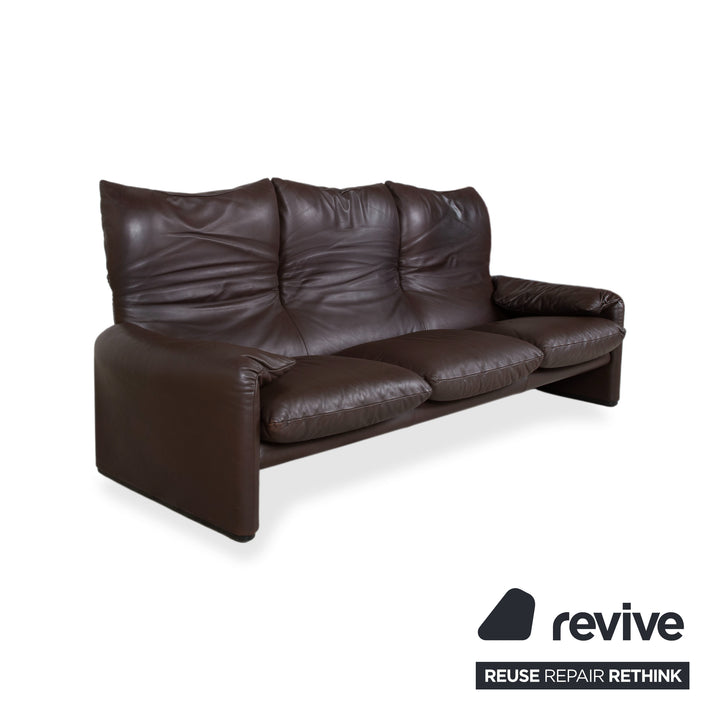 Cassina Maralunga Garnitur Leder Dreisitzer Sessel Braun Espresso Sofa Couch manuelle Funktion